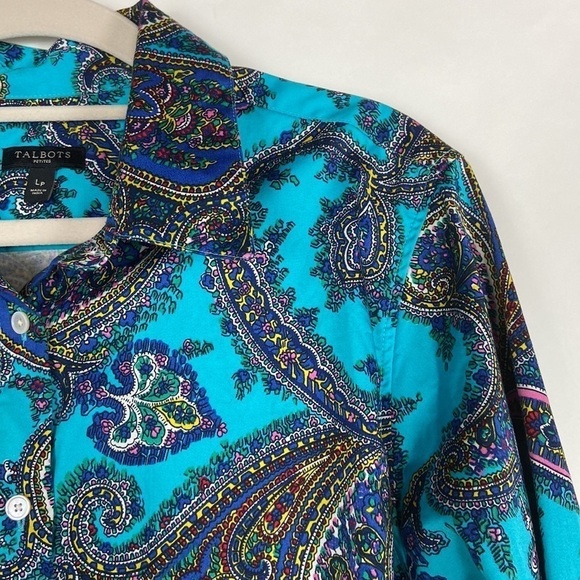 Talbots Petite Teal Multicolor Paisley Print Long Sleeve Button Down Shirt - Picture 10 of 16